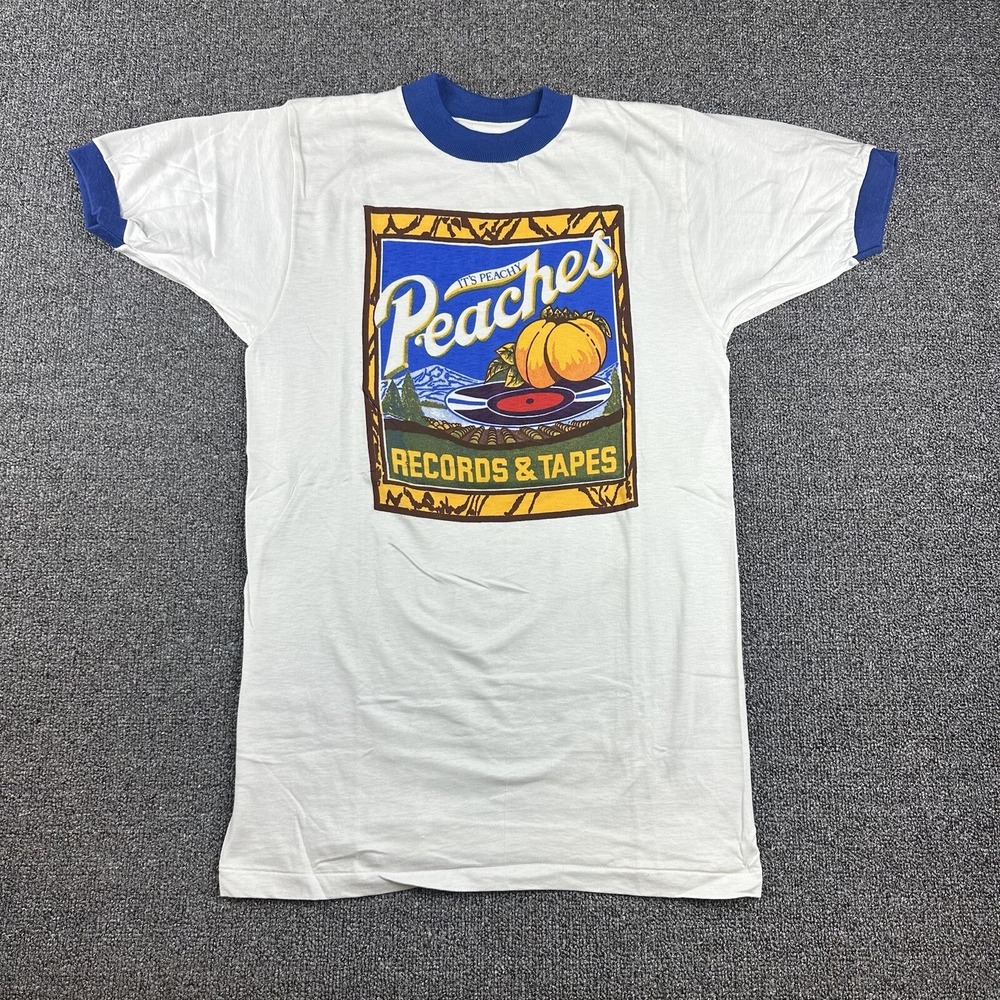Vintage Deadstock 70s Peaches Records & Tapes Adult Ringer T-Shirt Size Small